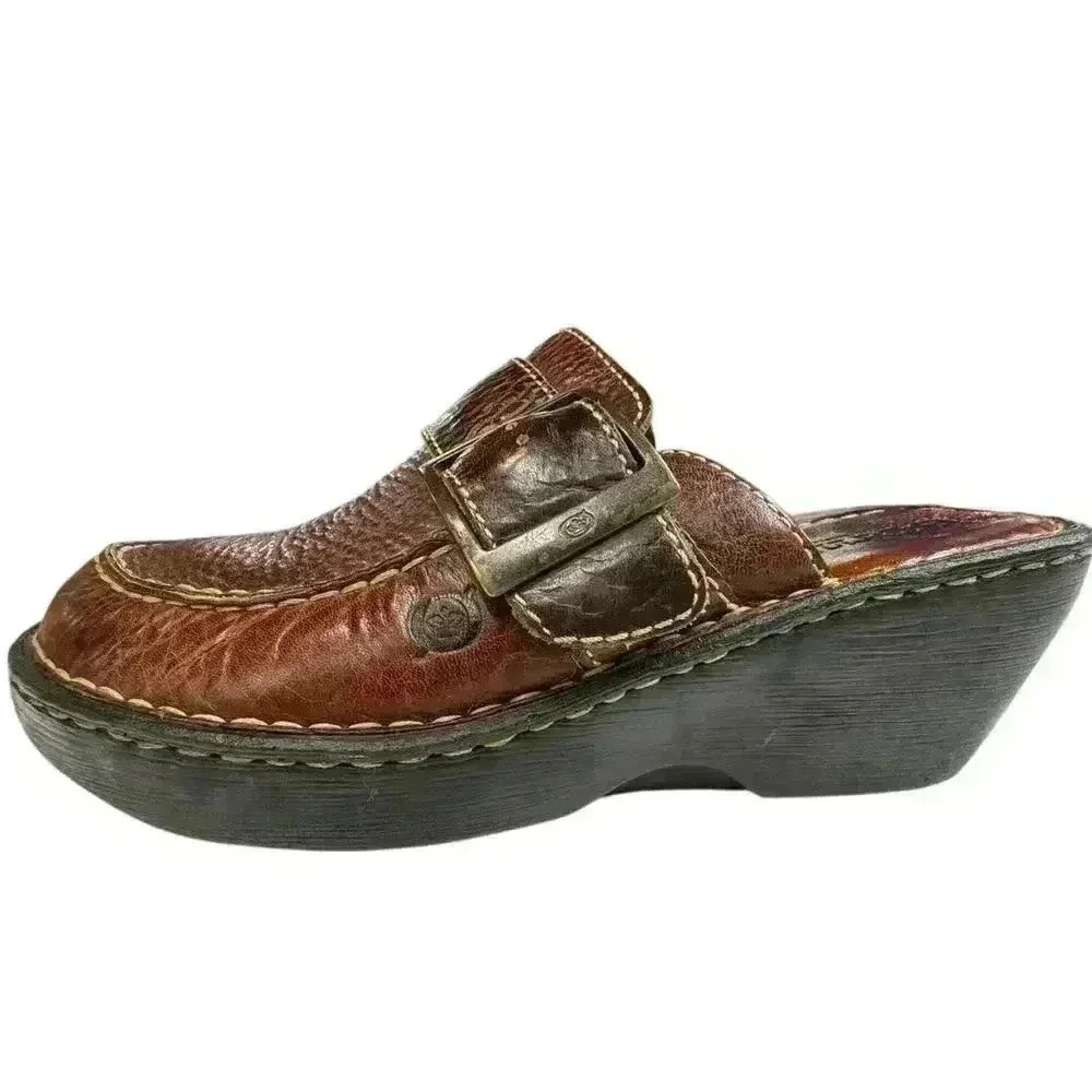 Born Leather Clogs Mules Wedges Womens Size 7/38 Buckle Detail Brown